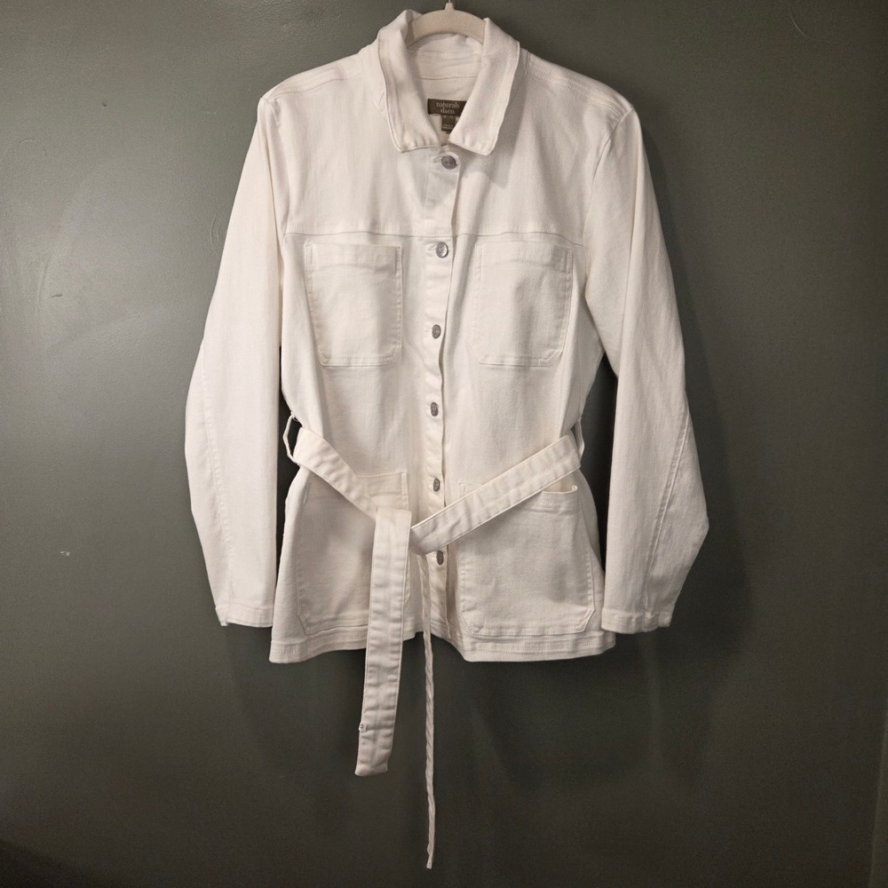 Naturals D&Co Women's Button Up Denim Utility Jacket Tie Waist Size L White